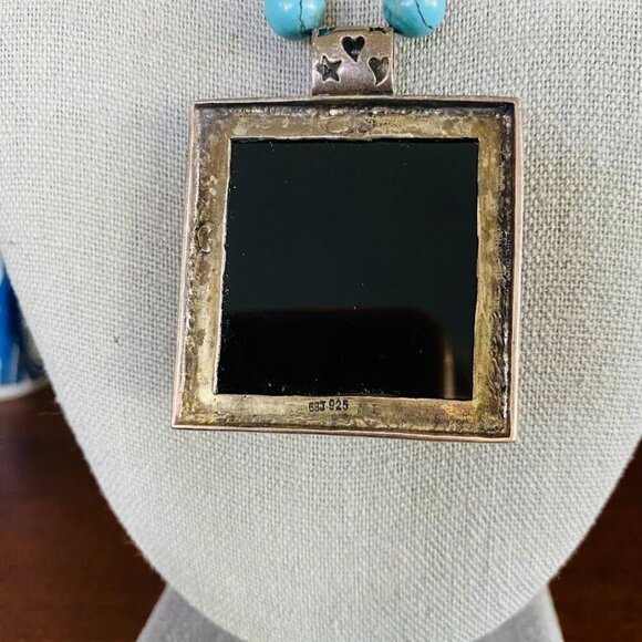 Vintage GSJ 925 Sterling Onyx and Turquoise Pendant Necklace - Picture 4 of 4